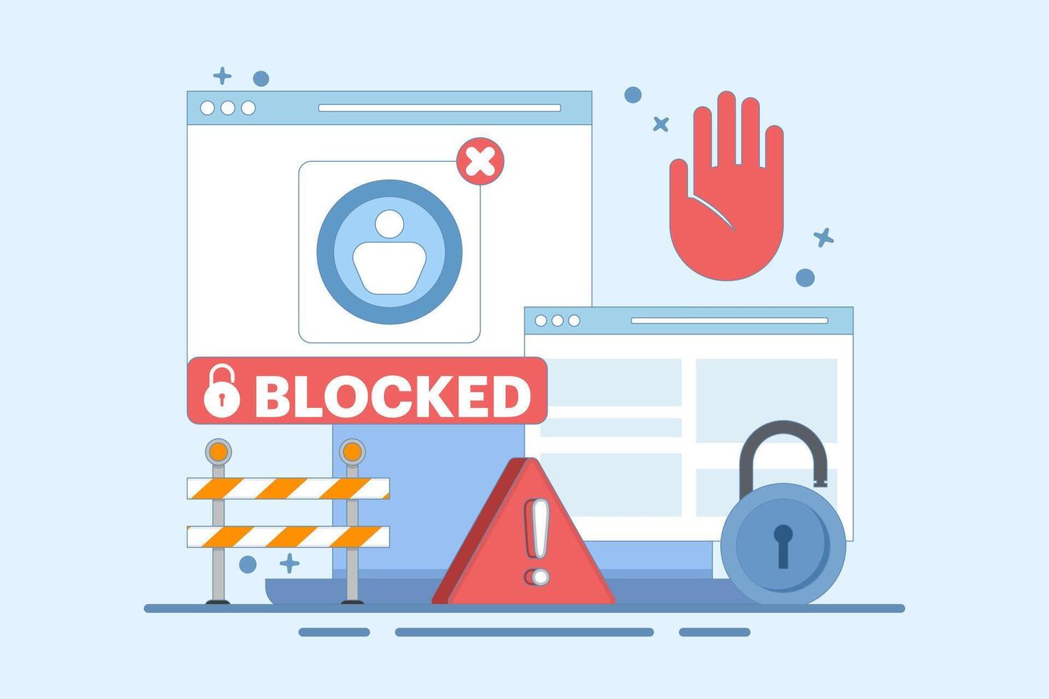 concept of blocked user account, shocked and anxious about blocked user account. help user to unblock account. Security from cybercrime activity, hacker attacks, censorship or ransomware. flat cartoon vector