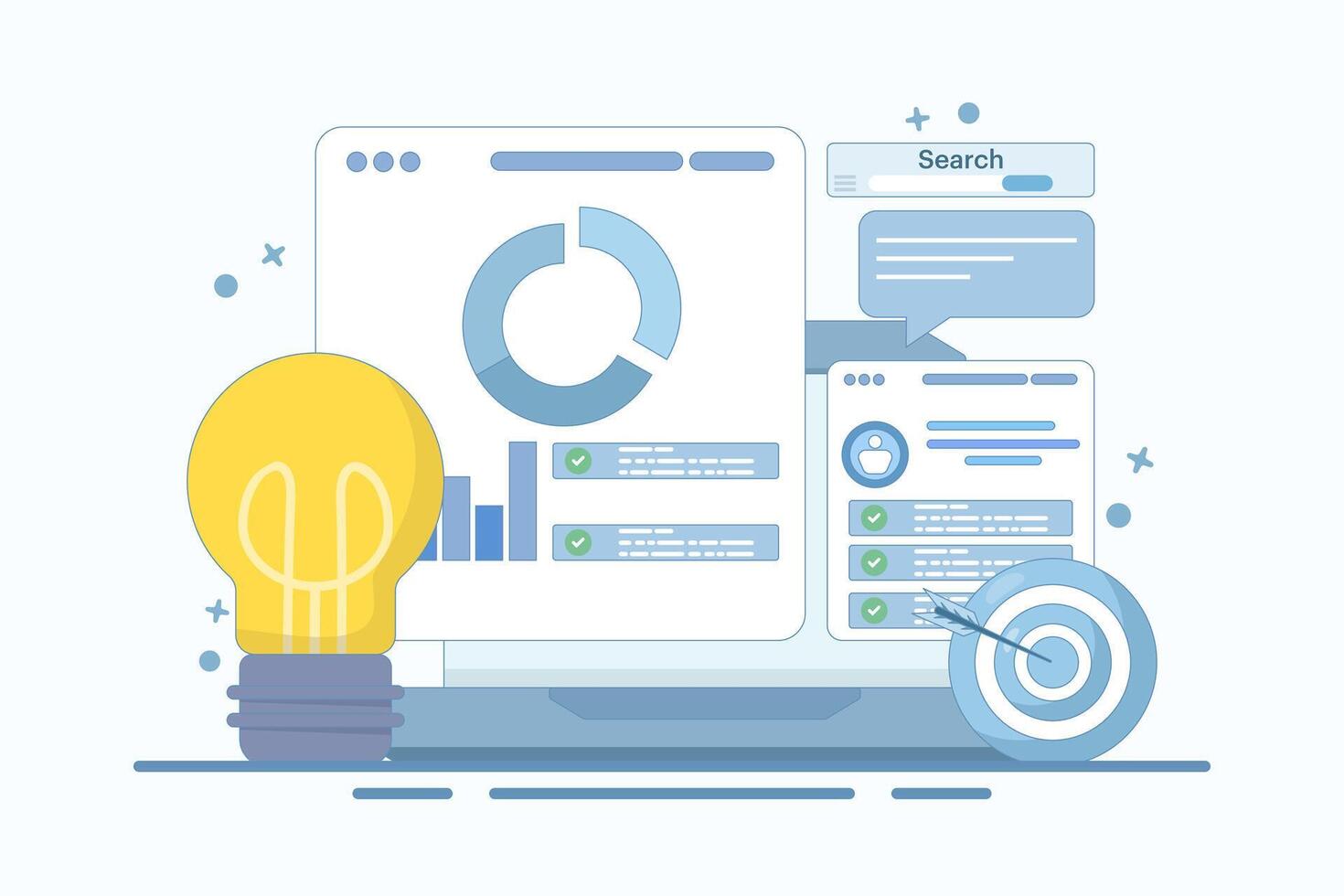 Project initiation concept. Project management, life cycle. Data analysis tasks. Business analysis. Project implementation provisions. Preparing documentation. Flat design illustration on background. vector