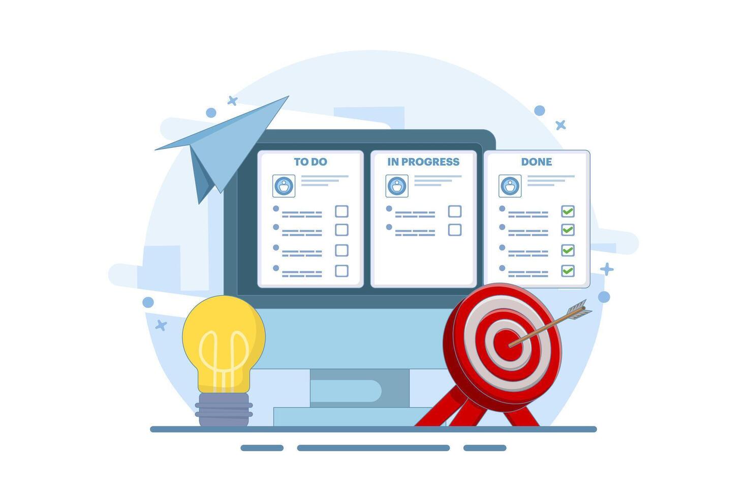 Project management, strategy and organization concept. Office desk with laptop and kanban board with tasks and sticker notes on screen. Cartoon design illustration. vector
