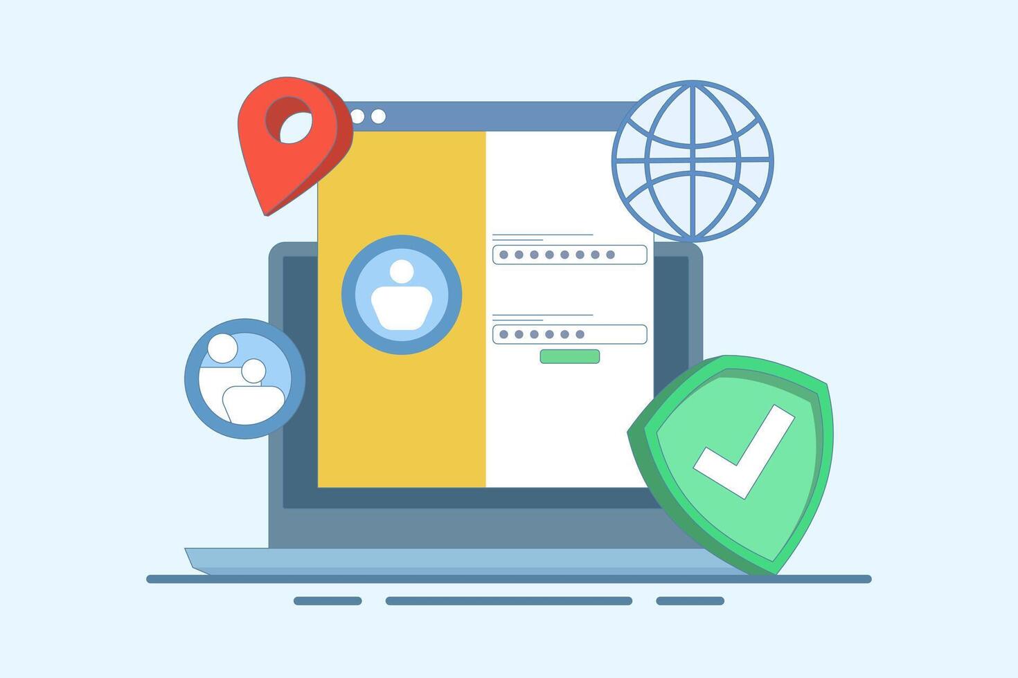 website security system concept. user login to secure website. website access. user information data protection and password. cyberspace and internet. flat design illustration on background. vector