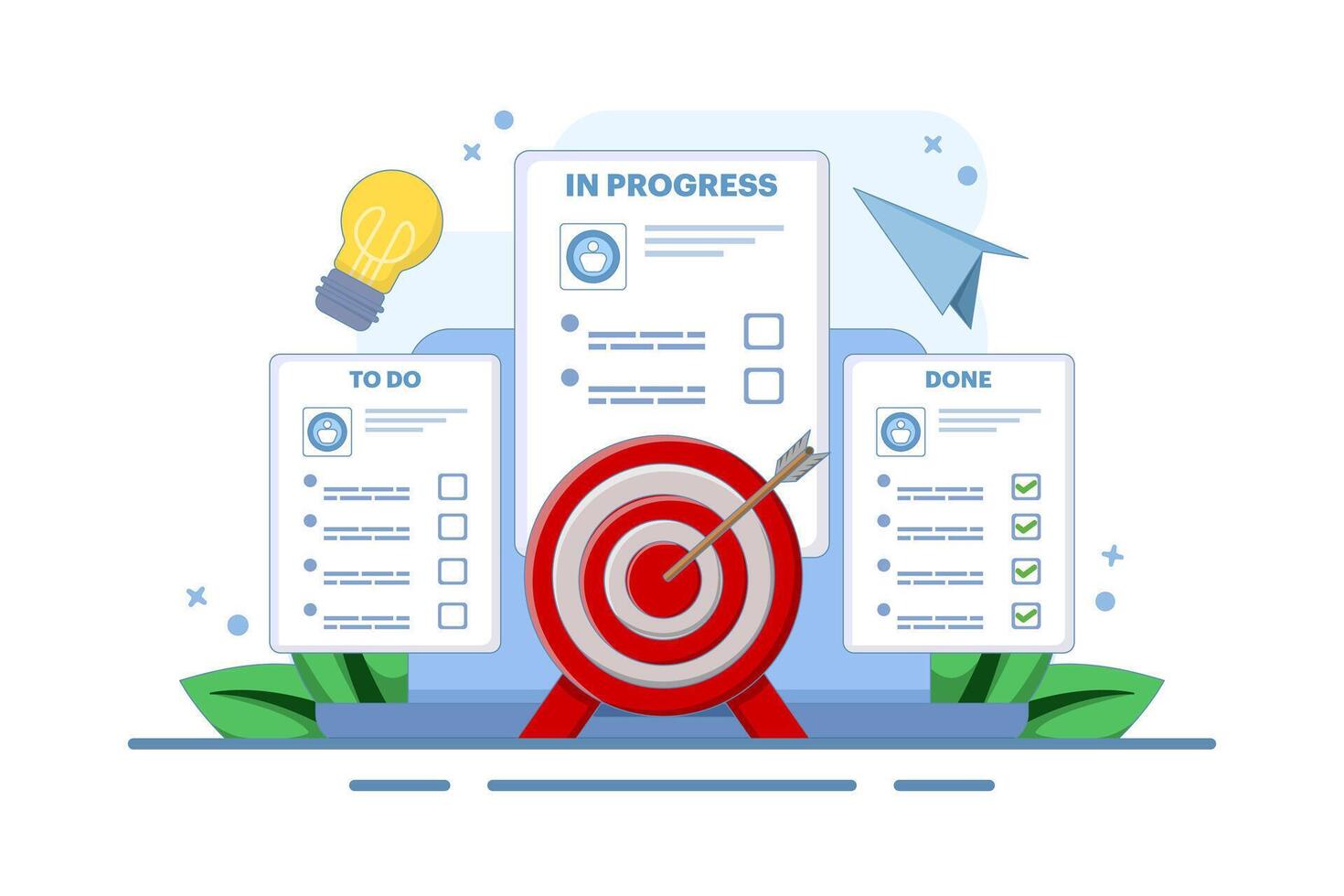 Project management, strategy and organization concept. Office desk with laptop and kanban board with tasks and sticker notes on the screen. Flat illustration on background. vector