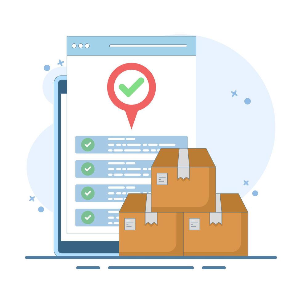 Mobile online cargo courier logistics concept for goods delivery service via city map, for postal warehouse delivery. Package tracking technology. Flat cartoon design illustration. vector