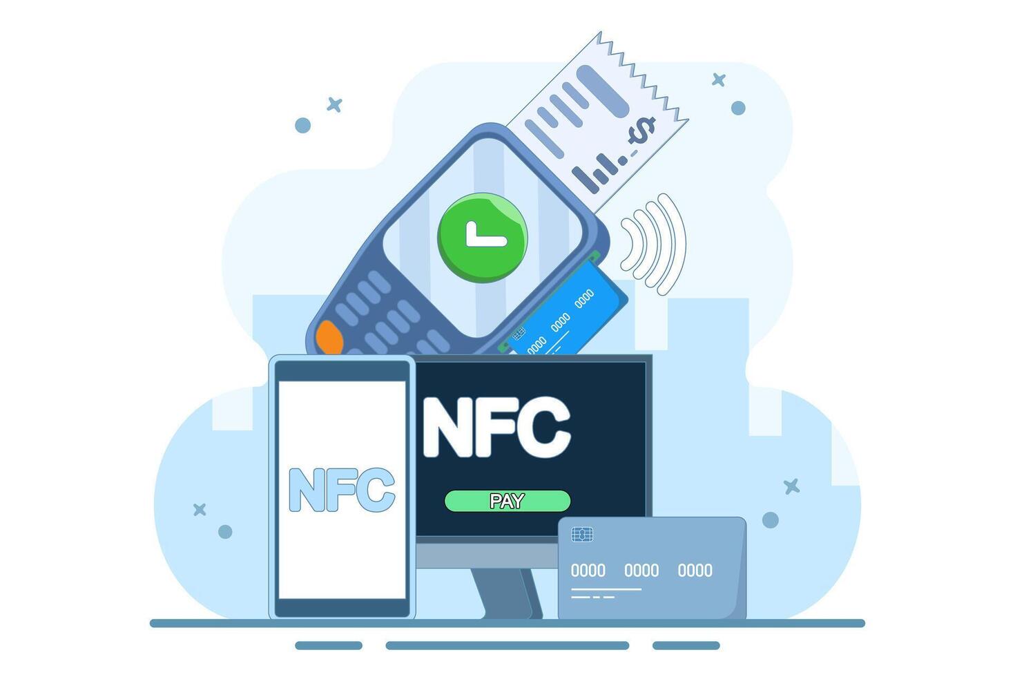 NFC Payment Concept, financial transaction, payment terminal and online payment card. using POS terminal and payment system. Modern flat cartoon style. Cartoon design illustration. vector