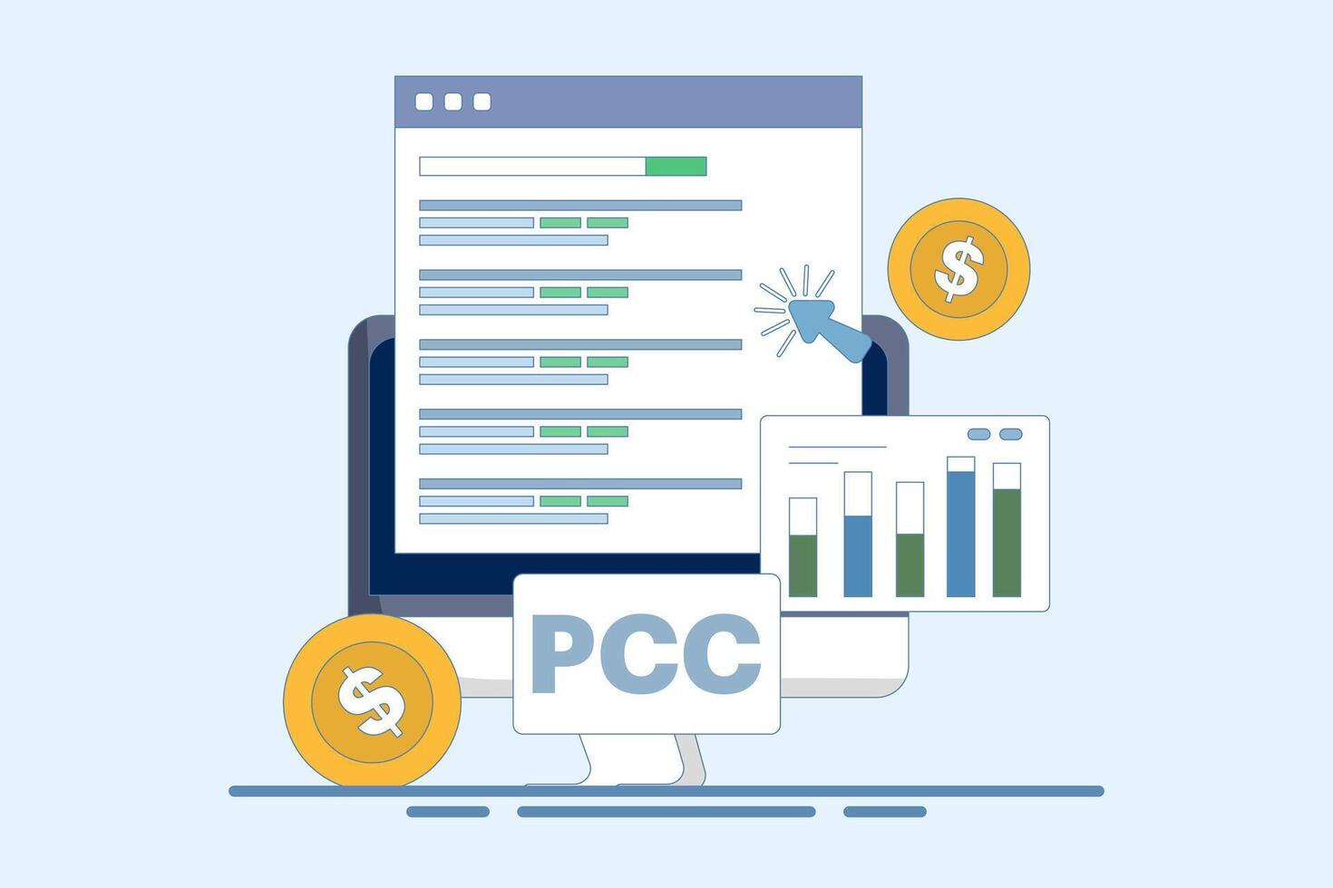 Pay Per Click or PPC Marketing Concept, Digital Advertising Line Campaign. Digital Marketing Want to Explain or Promote PPC Advertising. Successful PPC Strategy. Flat Illustration. vector