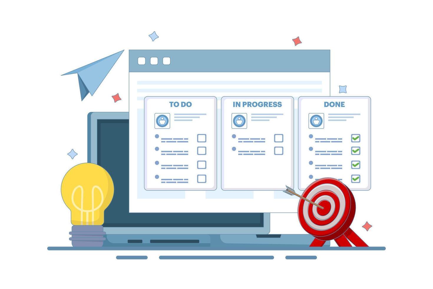 Project management, strategy and organization concept. Office desk with laptop and kanban board with tasks and sticker notes on the screen. Flat design illustration on the background. vector