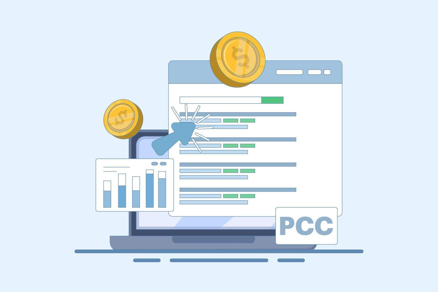 Pay Per Click or PPC Marketing Concept, Digital Advertising Line Campaign. Digital Marketing Want to Explain or Promote PPC Advertising. Successful PPC Strategy. Cartoon Illustration. vector