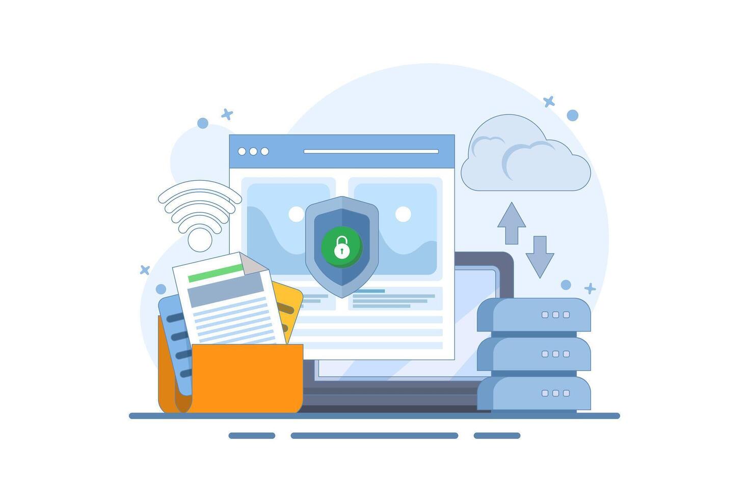 data protection concept, personal and business document security with password verification and encryption technology, online cyber data security, information privacy. flat design illustration. vector