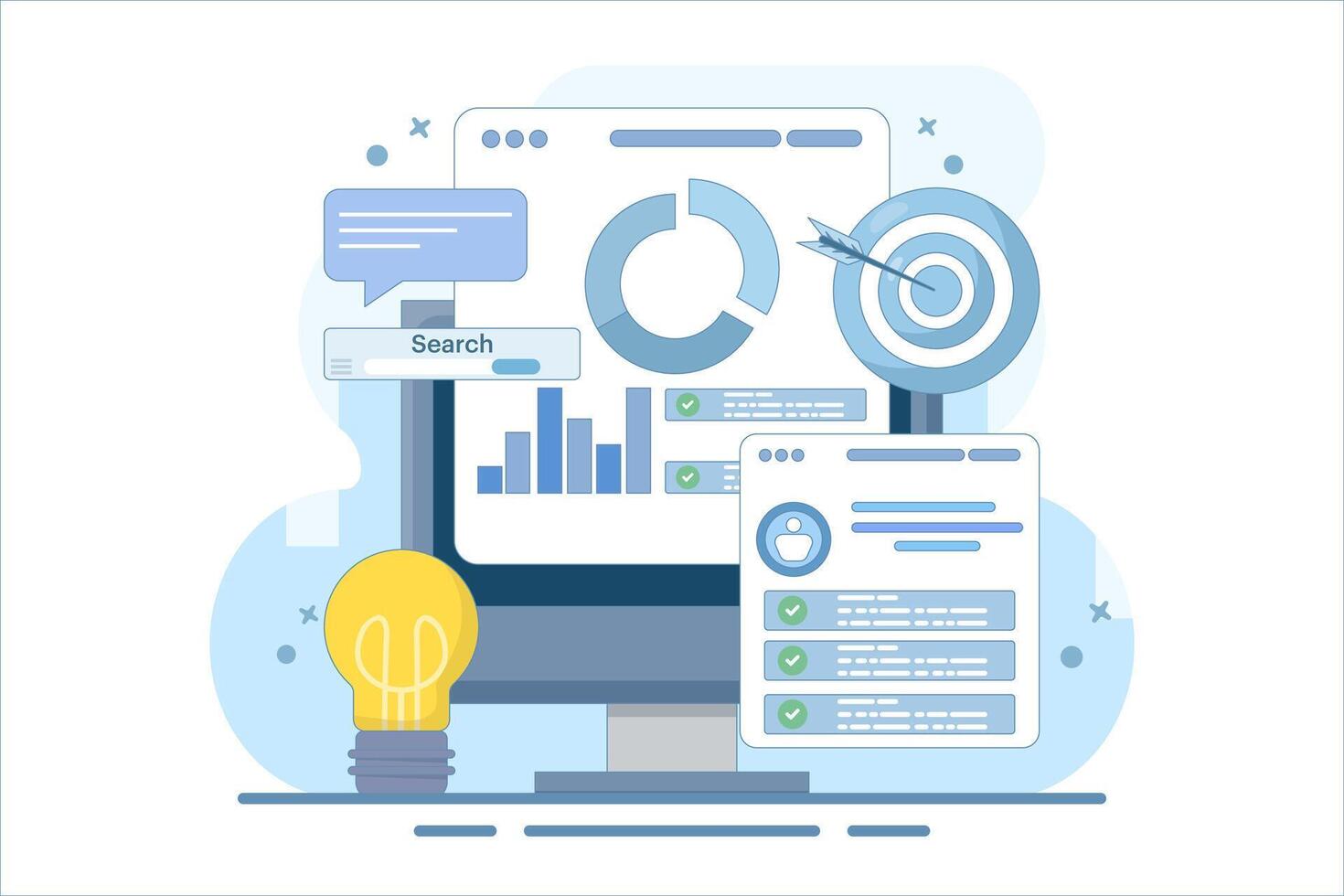 Project initiation concept. Project management, life cycle. Data analysis tasks. Business analysis. Project implementation provisions. Preparing documentation. Flat cartoon design illustration. vector