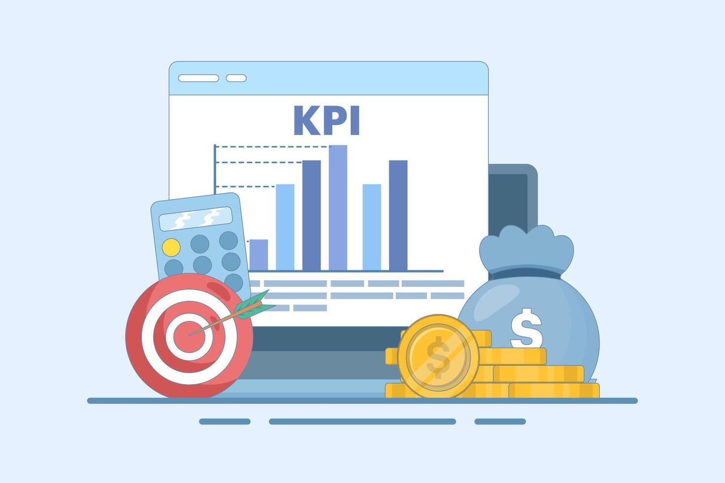 KPI Concept, Business Technical Key Performance Indicators, Performance Evaluation and Dynamics in Dashboard, Strategy, Data Report, Efficient Workflow, Business Intelligence. Flat Illustration. vector