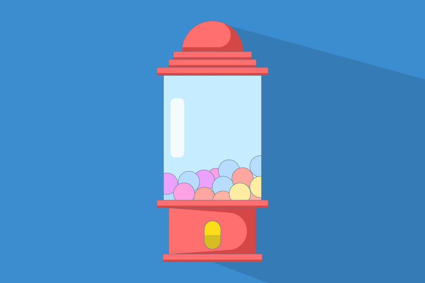Concept of gum vending machine casting long shadow. Gum machine. Gum machine shaped like cartoon gum dispenser. Flat cartoon design illustration. vector