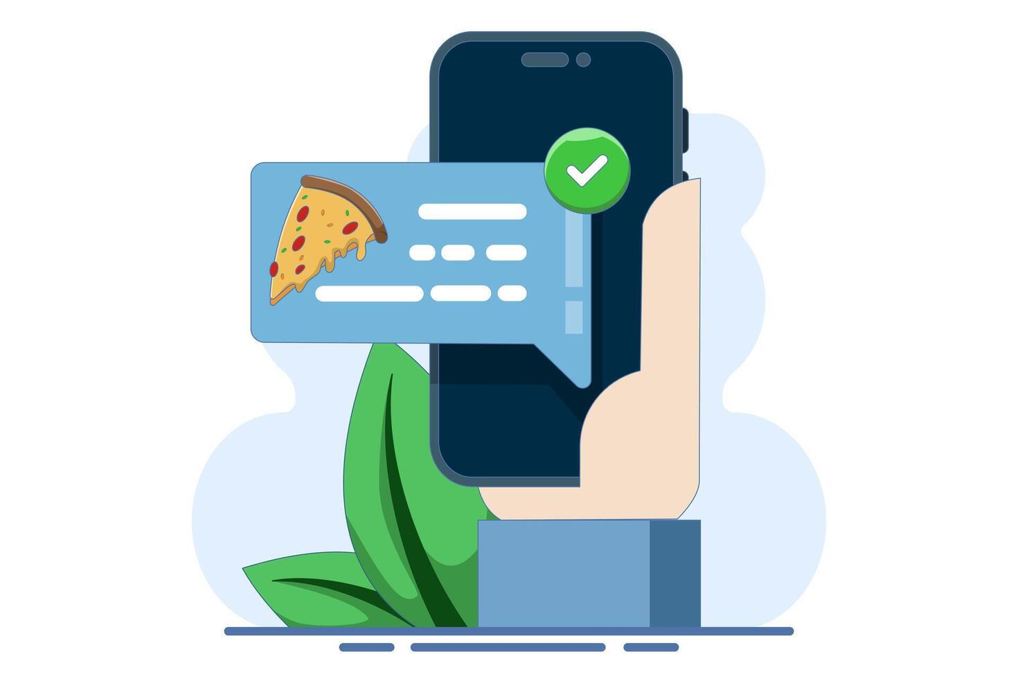 food notification concept. Phone with pizza notification on screen, flat cartoon phone with food delivery notification, smart phone with speech bubble and check mark. flat design. vector