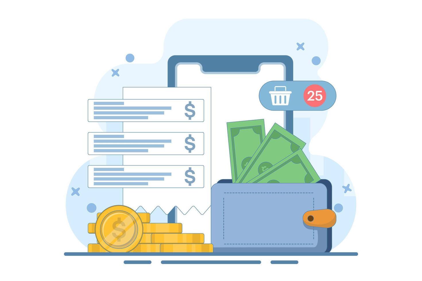 Mobile banking concept. Digital wallet, payment system, mobile banking, money transfer. Wallet, money, mobile app. Icon. Stylish abstract. Flat Cartoon design illustration. vector