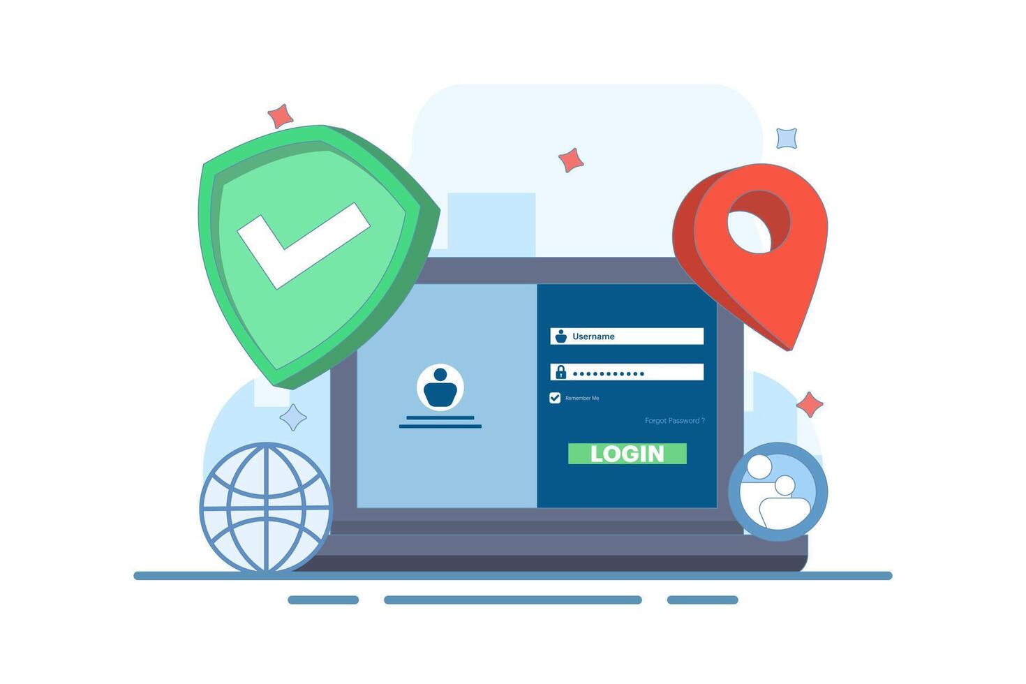 website security system concept. user login to secure website. website access. user information data protection and password. cyberspace and internet. cartoon design illustration. vector