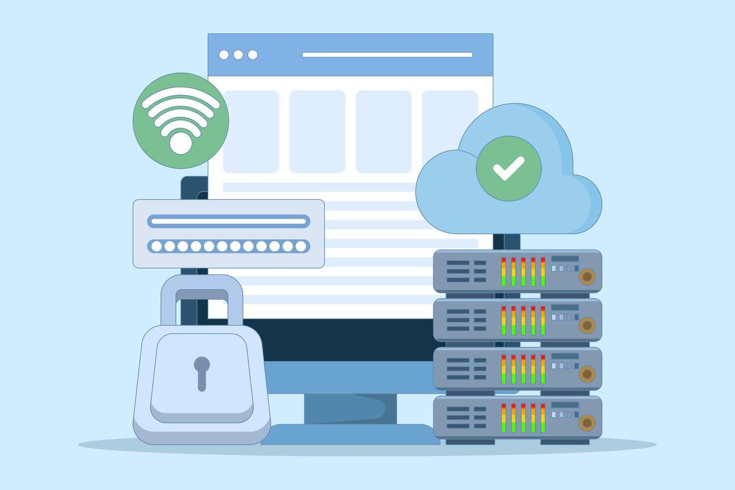 personal data protection concept, information storage in the cloud, user authorization, cloud storage. Cartoon style illustration for landing page, web banner, infographic, main image. vector