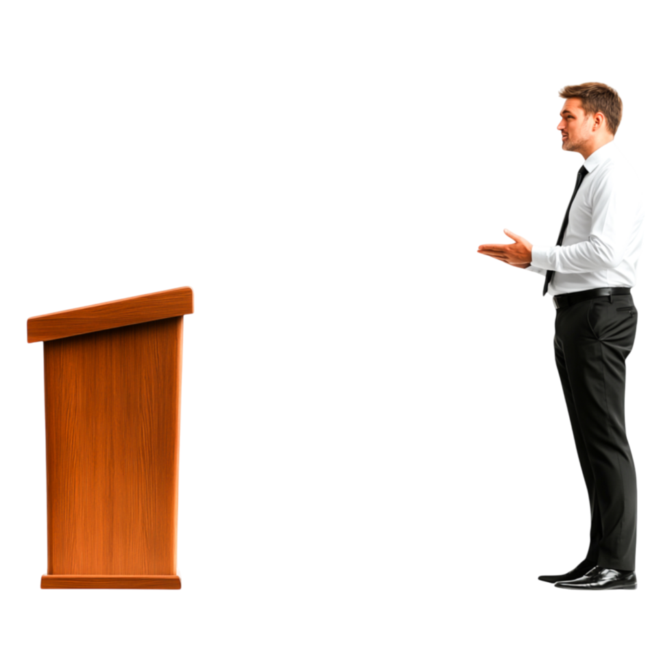 Businessman Giving Presentation at Podium with Confident Gesture png