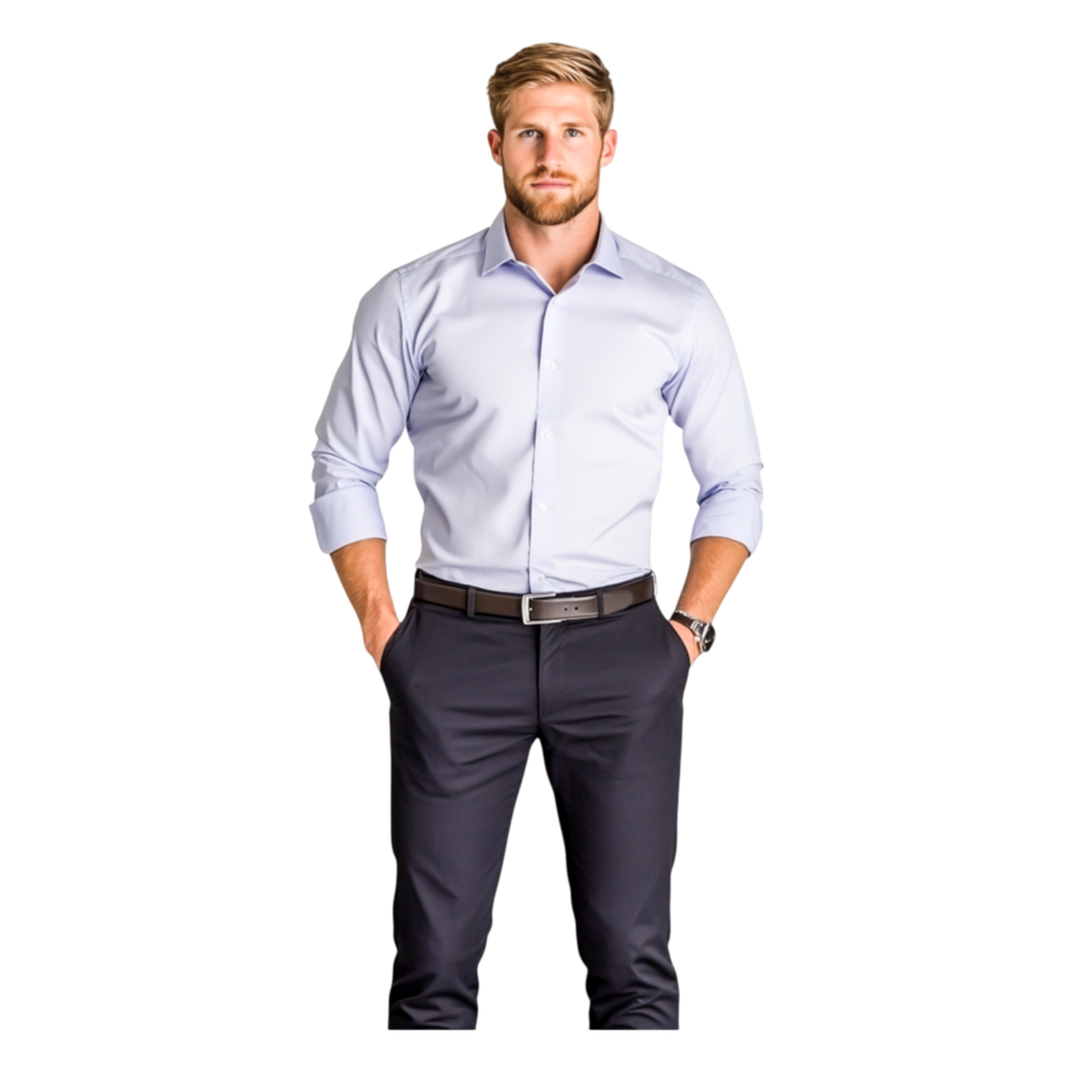 Confident business man in formal attire posing with hands in pockets png