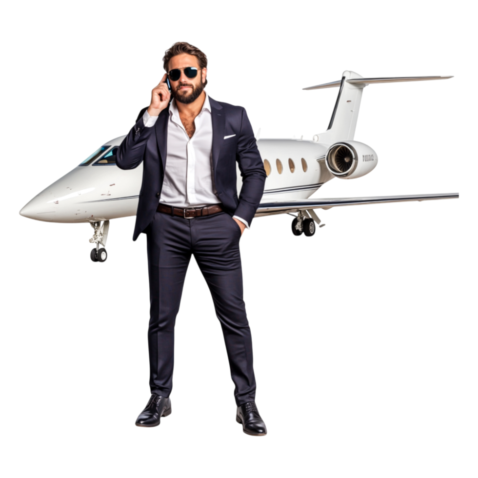 Confident Businessman in Suit Standing Next to Luxury Private Jet png