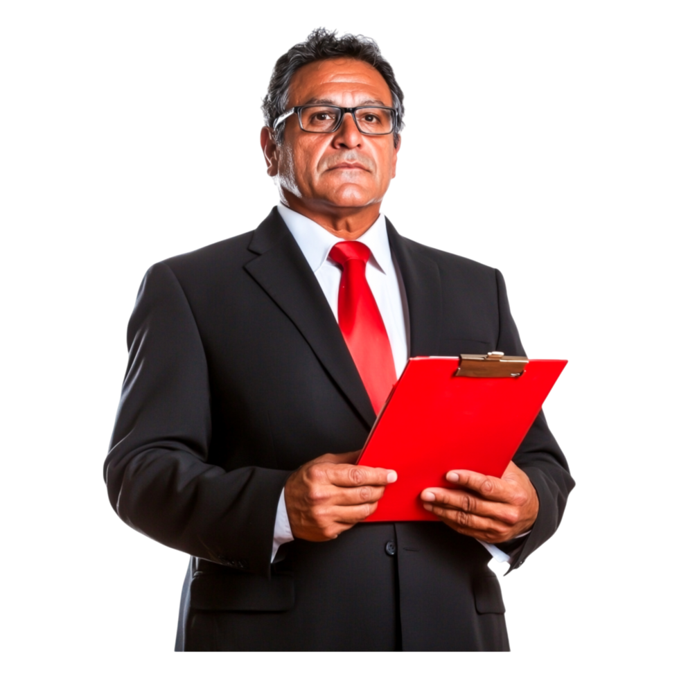 Confident Businessman Holding Clipboard in Formal Attire png
