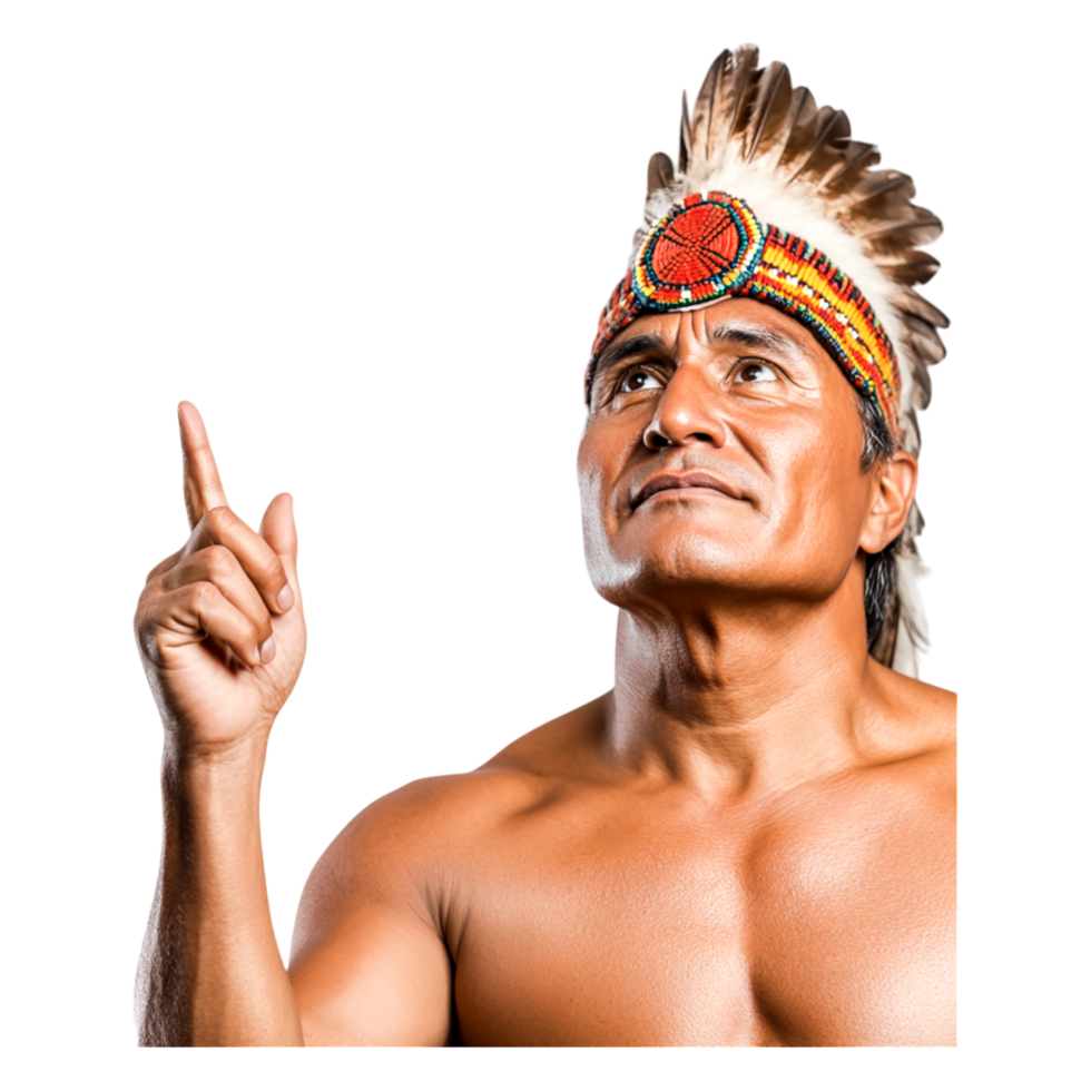 Indigenous Man in Traditional Attire with Feathered Headpiece png