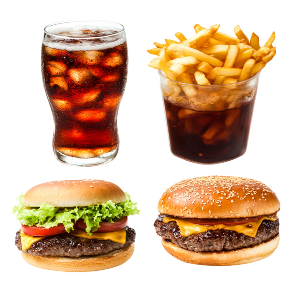 Classic Fast Food Meal with Burgers, Fries, and Soft Drink png