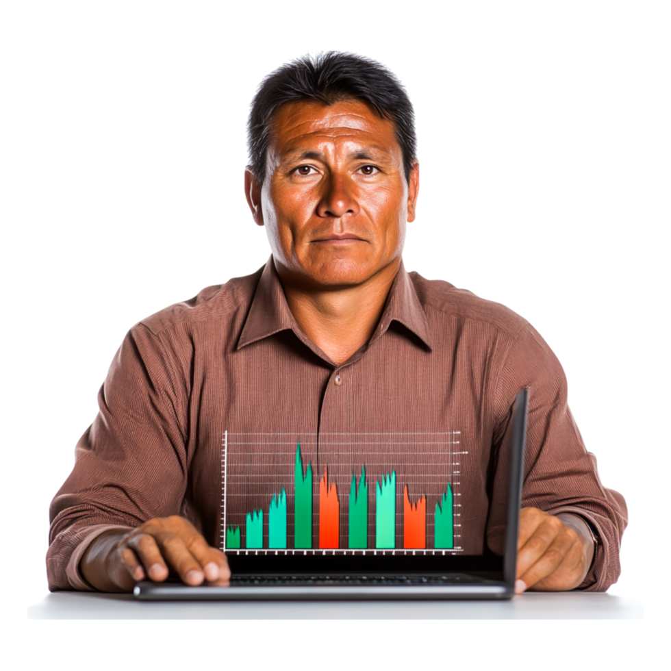 Professional Man Analyzing Data Graphs on Laptop Screen png