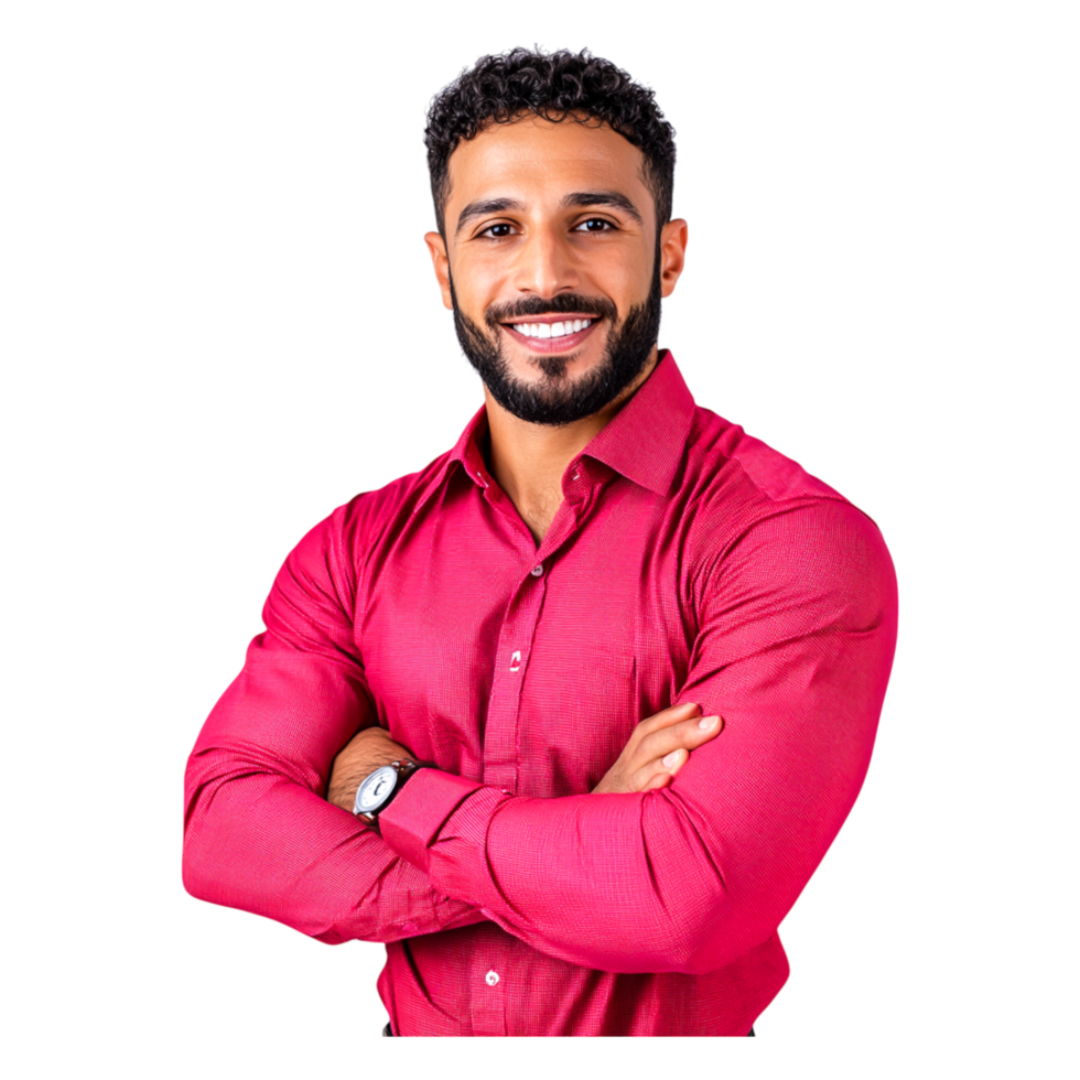 Confident Young Man in Red Shirt Smiling and Posing with Arms Crossed png
