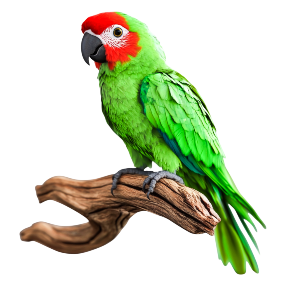Colorful Green Parrot with Red Head Perched on Tree Branch png