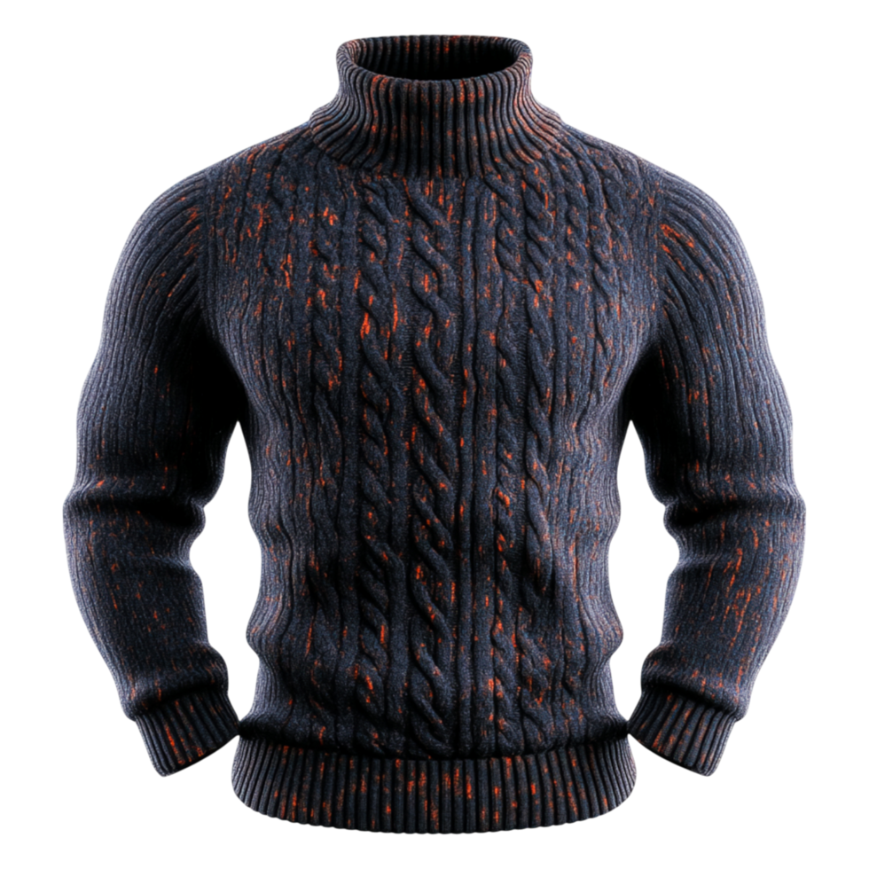Cozy Dark Turtleneck Sweater with Cable Knit Pattern and Texture png