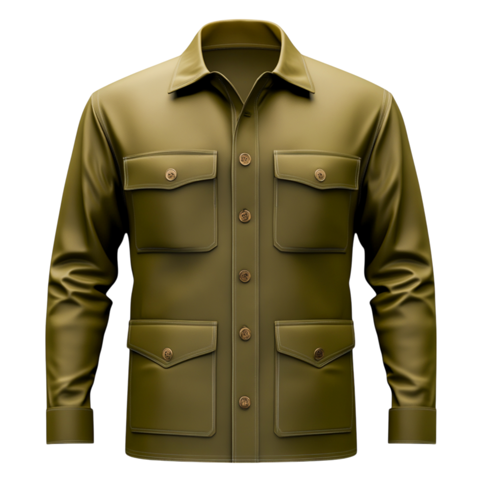 Olive Green Military Style Jacket with Pockets and Button Closure png
