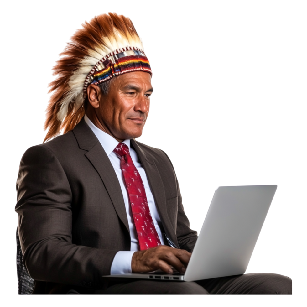 Businessman in Suit with Native American Headdress Using Laptop png