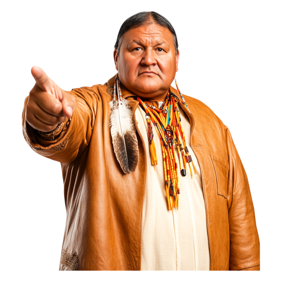 Native American Man in Traditional Attire Pointing with Authority png