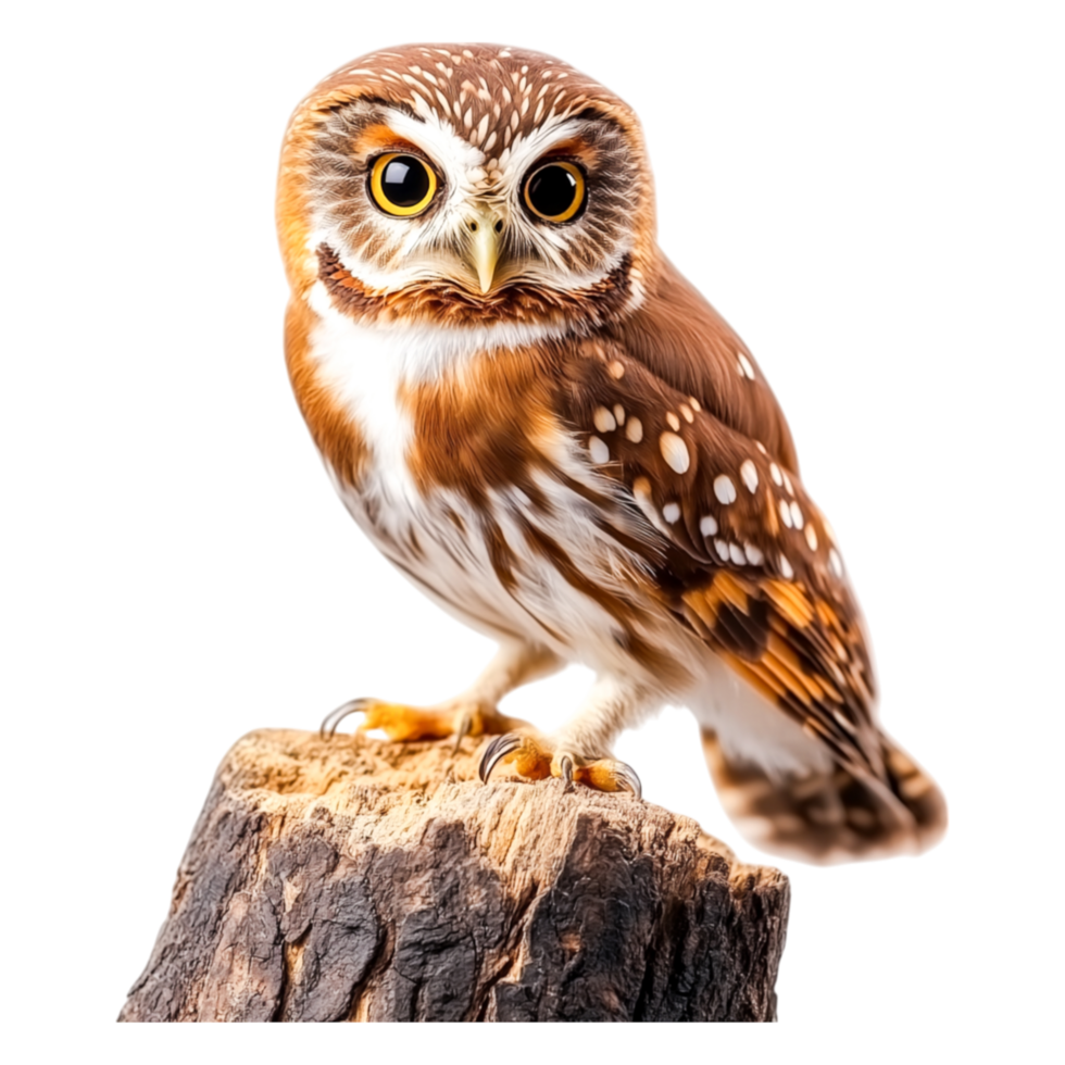 Captivating closeup of a Striking Brown Owl Perched on Tree Stump png