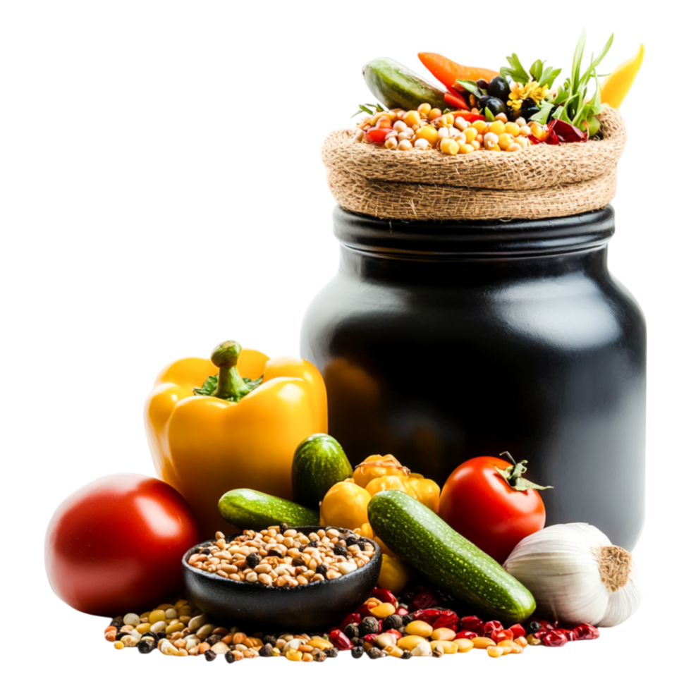 Fresh Vegetables and Grains in a Stylish Black Jar with Lid png