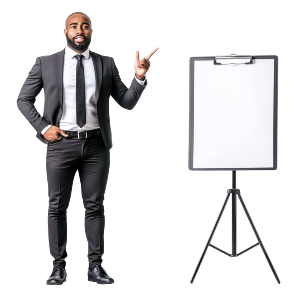 Professional Man Presenting Next to Blank Flip Chart in Office png