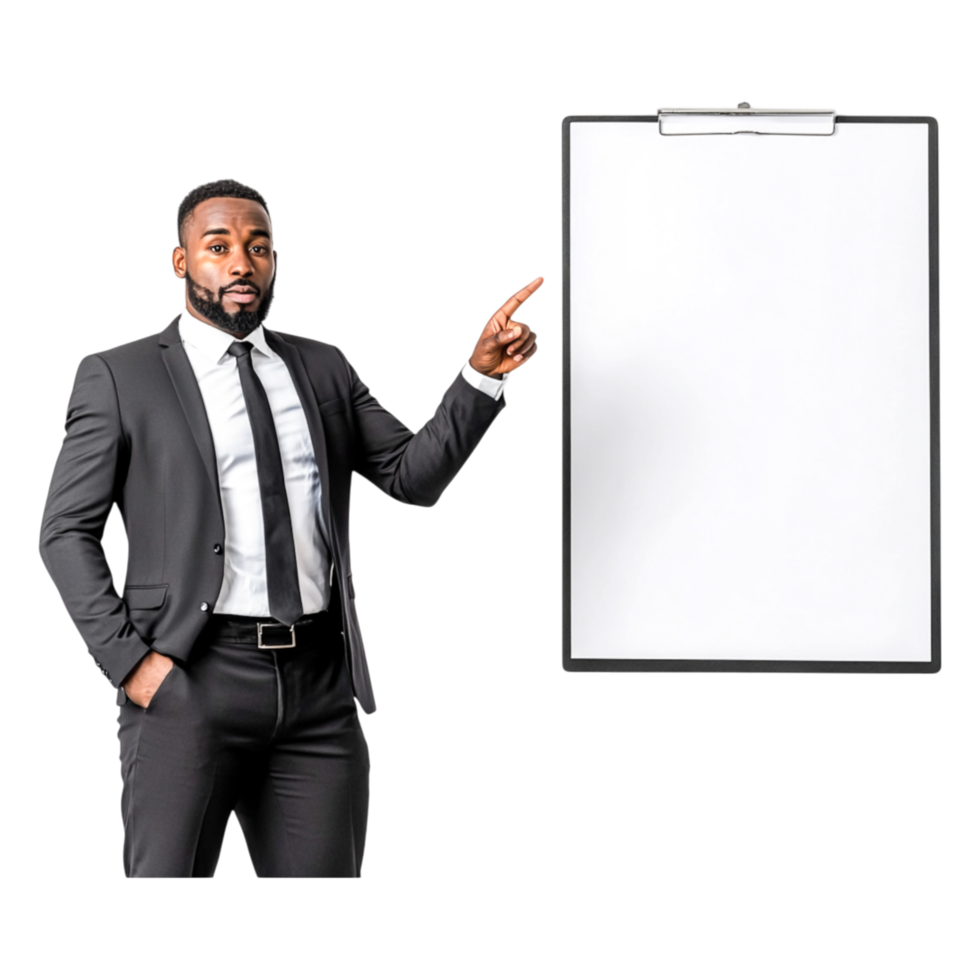 Professional Man in Suit Gesturing Towards Empty Board Space png