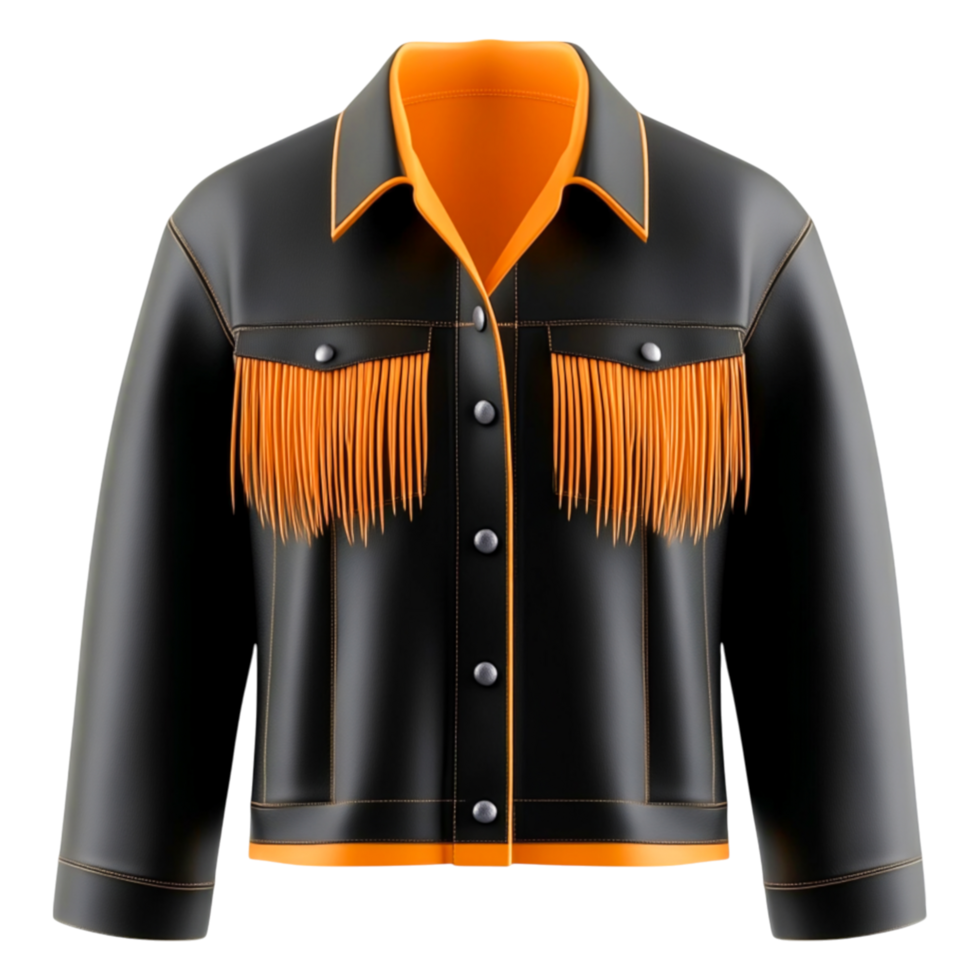 Black Leather Jacket with Orange Fringe and Contrast Stitching Design png