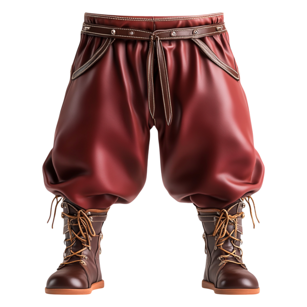Fashionable Red Leather Breeches with Brown Lace-Up Boots Detail png