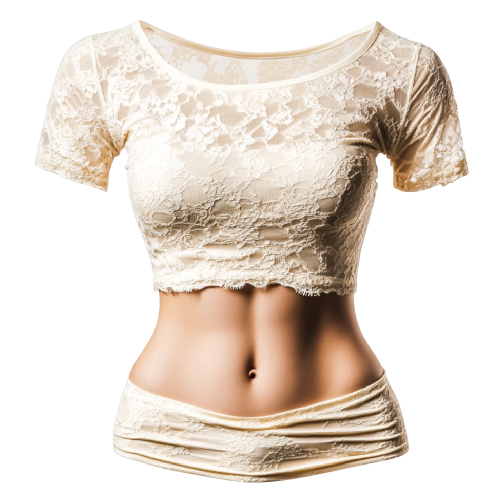 Elegant Cream Lace Top with Short Sleeves and Crop Design png