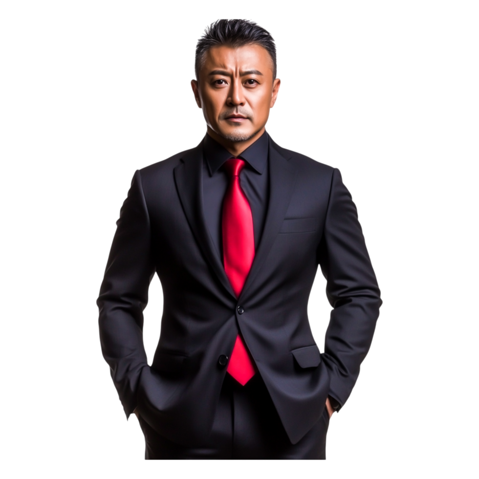 Confident Male Business Professional in Stylish Black Suit and Red Tie png