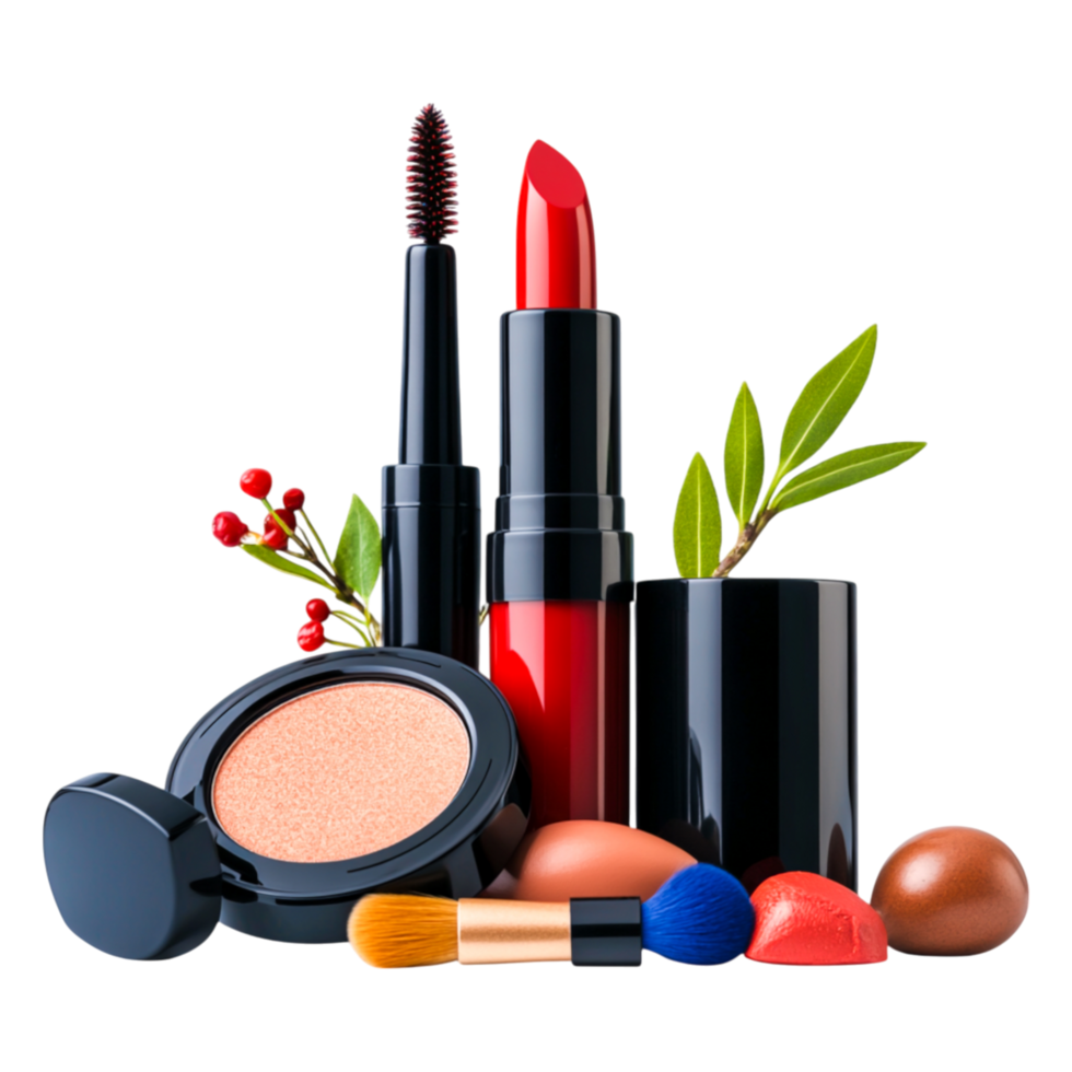 Cosmetic Arrangement with Lipstick, Eyeshadow, Brushes, and Greenery png
