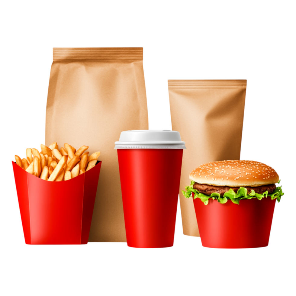 Fast Food Meal with French Fries, Burger and Soft Drink Container png