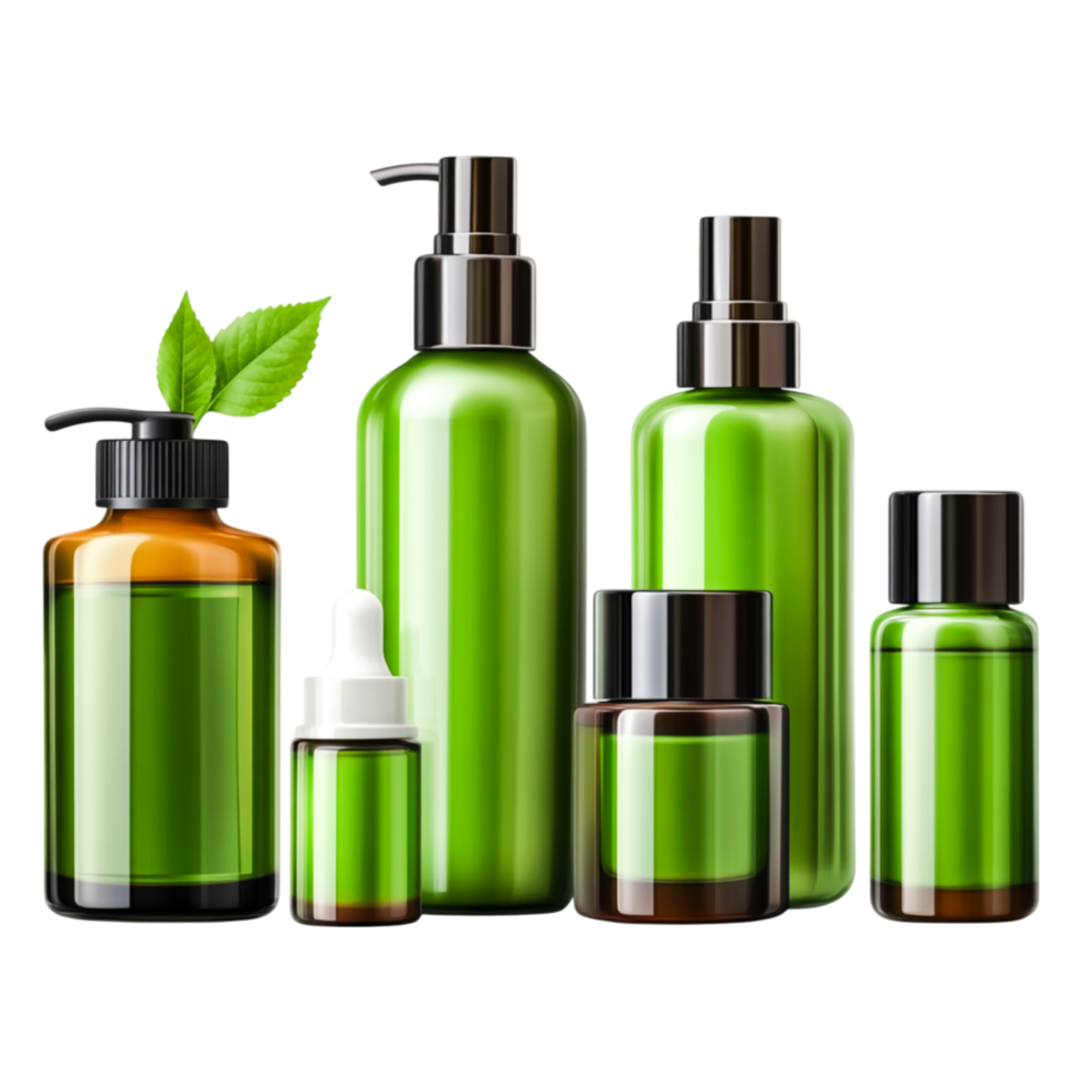 Organic Green Bottles of Cosmetics and Skincare Products on Display png