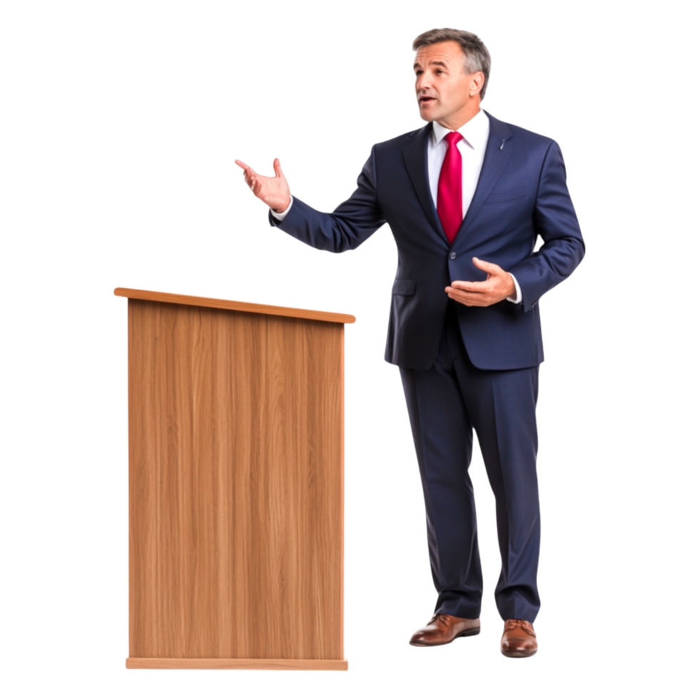 Businessman Giving Speech at Podium with Professional Attire png