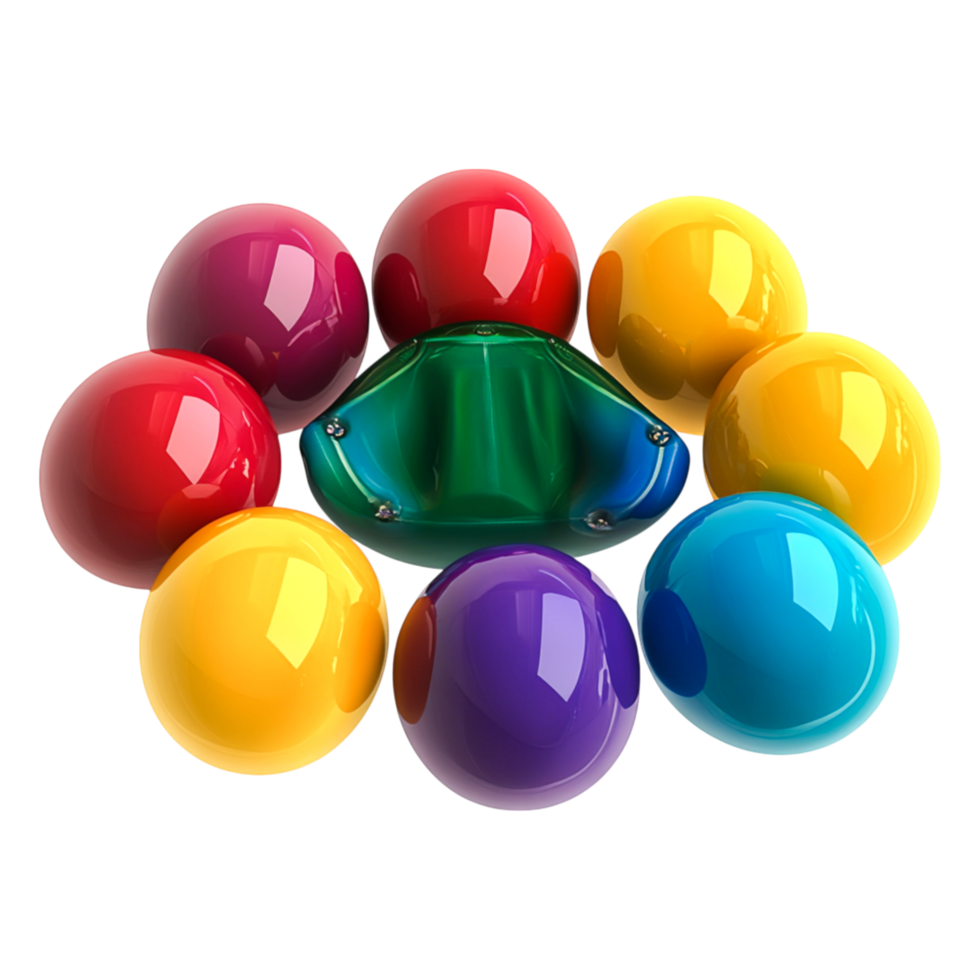 Colorful Glossy 3D Balls Arranged Around a Central Green Shape png