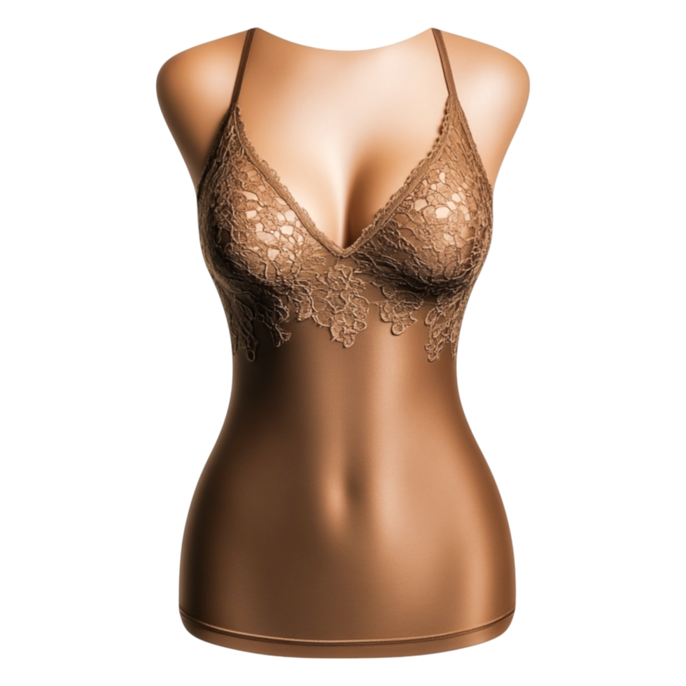 Elegant Brown Lingerie with Lace Detail on Female Mannequin png