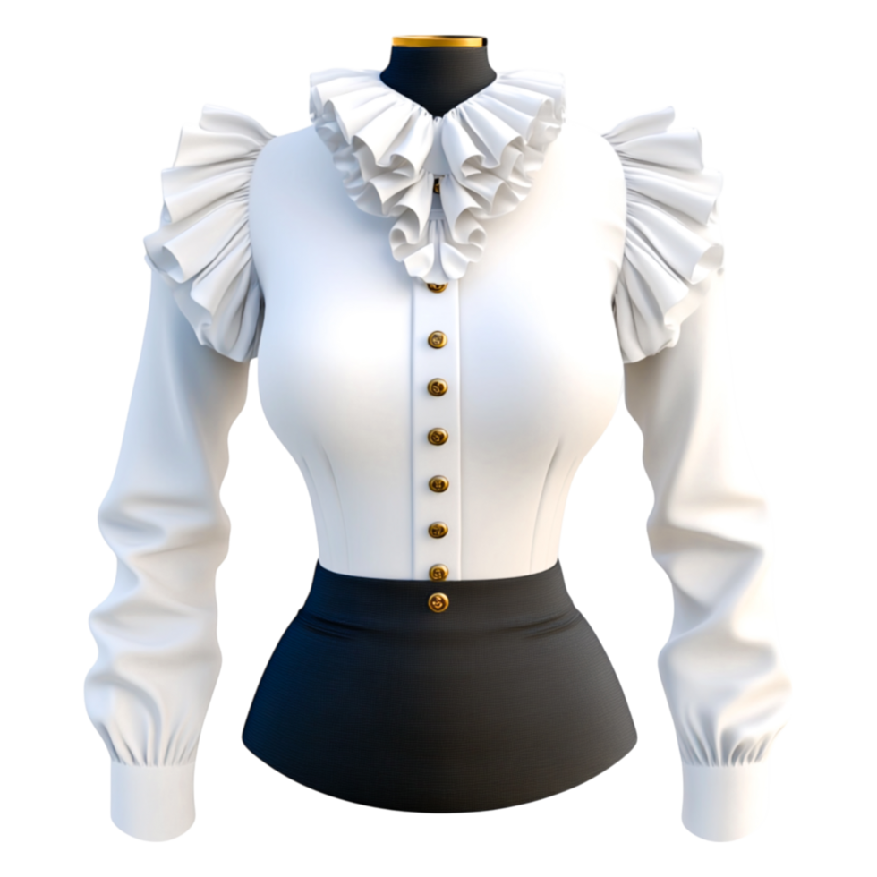 Elegant White Blouse with Ruffled Collar and Button Details png