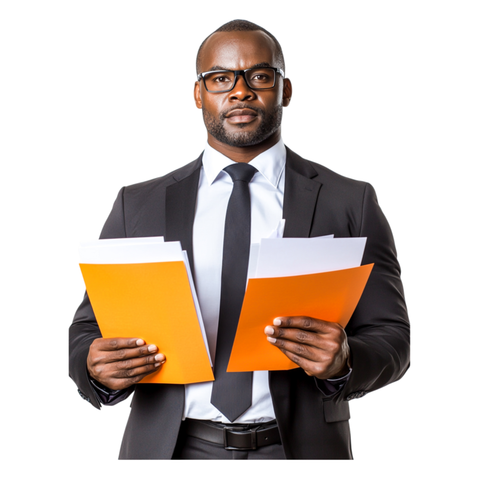 Confident Businessman Holding Folders in Professional Office Attire png