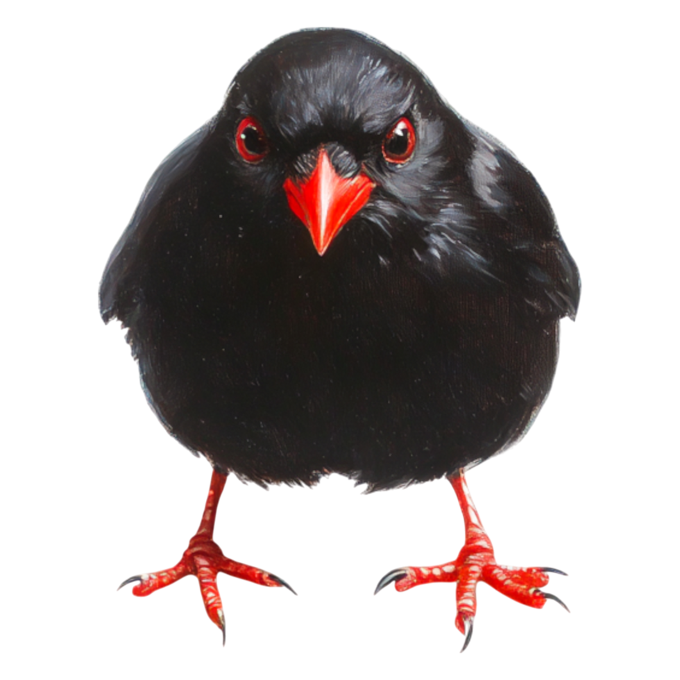 closeup of Black Bird with Bright Red Beak and Sharp Eyes png