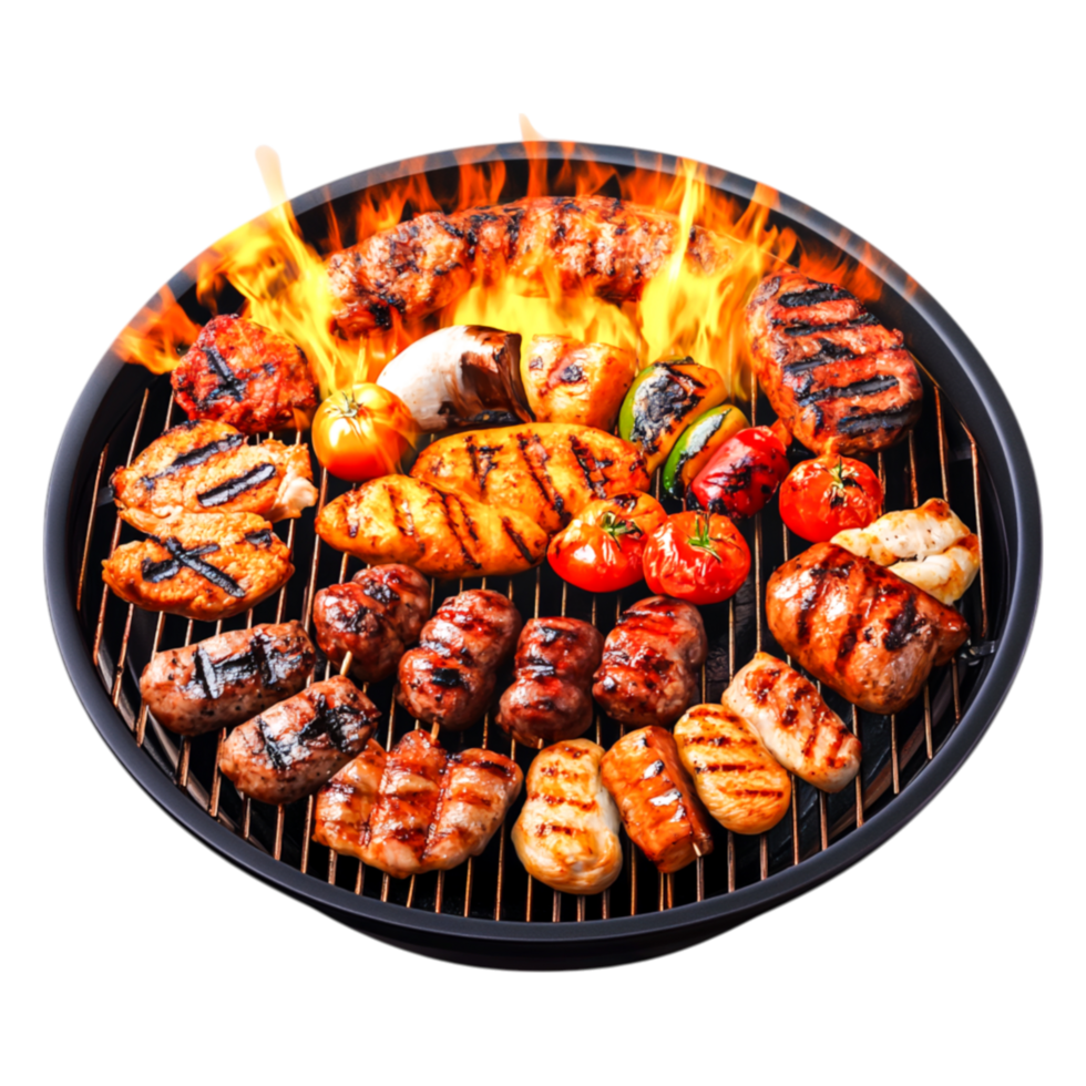 Grilled Meat and Vegetables on Barbecue with Flames and Smoke png
