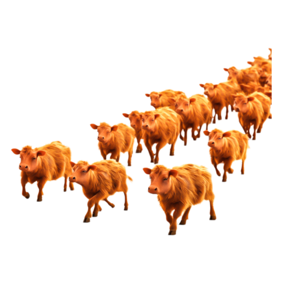 Herd of Vibrant Orange Cattle Walking in a Line on Farm Pasture png
